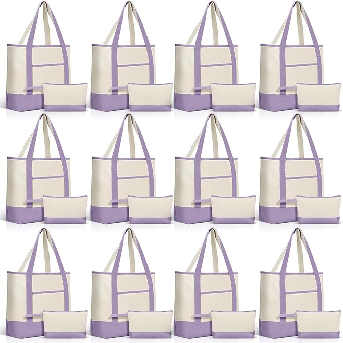 Sanwuta Canvas Tote Bags Bulk with Outer Pocket and Makeup Pouch 18'' Reusable Grocery Bags with Handles for Women Beach DIY