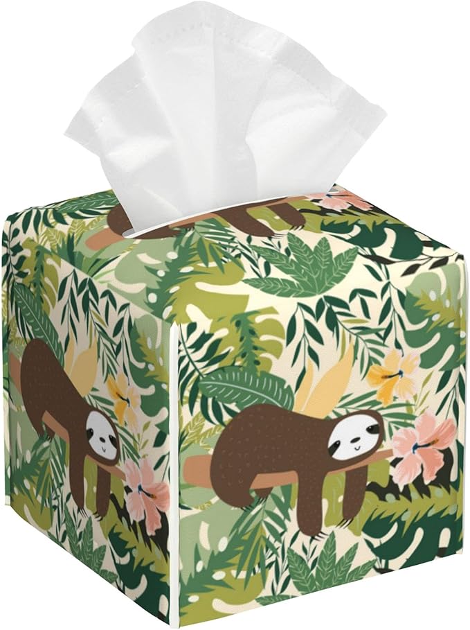 Cute Sloth Tissue Box Cover Square,Jungle Leaves Tissue Box Holder with Belt Bottom,Stylish Leather Napkin Holder for Vanity Countertop,Nightstands,Office Desk,5.2"×5.2"×5.2"