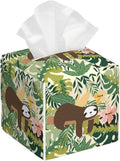 Cute Sloth Tissue Box Cover Square,Jungle Leaves Tissue Box Holder with Belt Bottom,Stylish Leather Napkin Holder for Vanity Countertop,Nightstands,Office Desk,5.2"×5.2"×5.2"