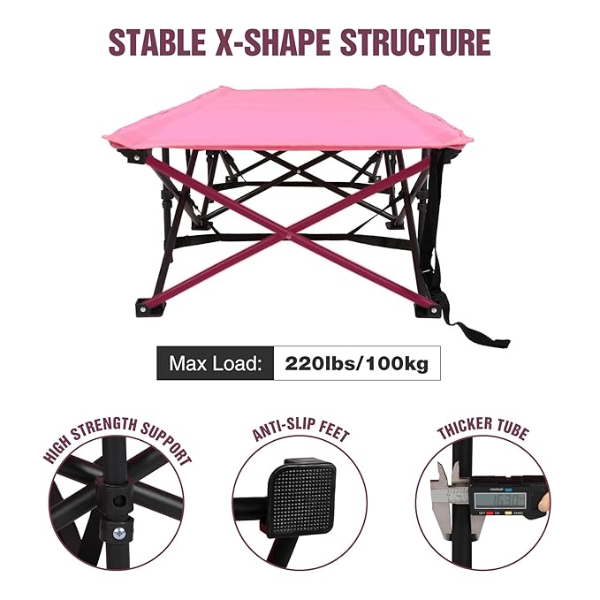REDCAMP Kids Foldable Camping Cot with Mattress Pad, 220 LBS Child Durable Sleeping Bed with Pocket and Carry Bag Portable for Home, Travelling, Pink