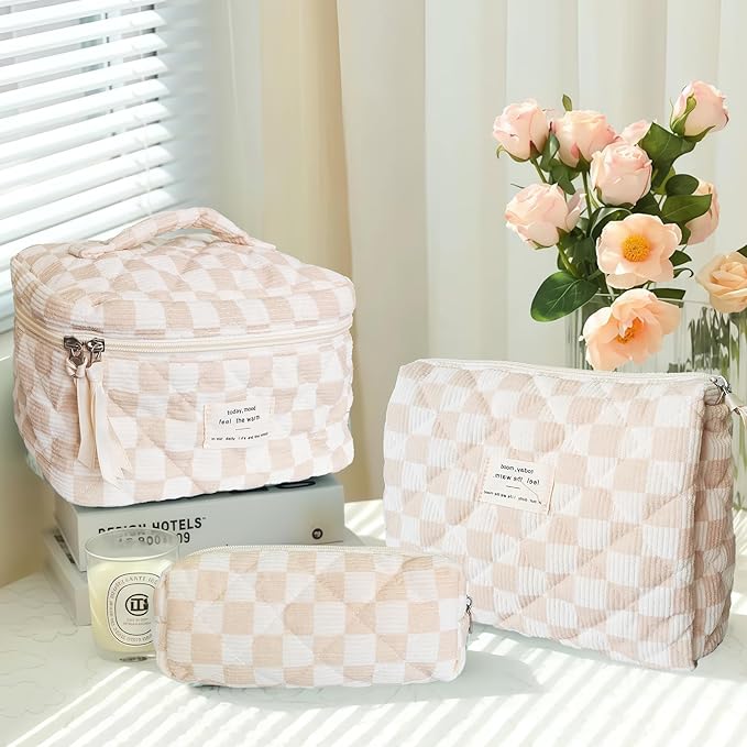 Quilted Cosmetic Bag Large Capacity Travel Cosmetic Bag for Women and Girls Aesthetic Storage for Daily and Travel Use (3pcs-browncheckered)