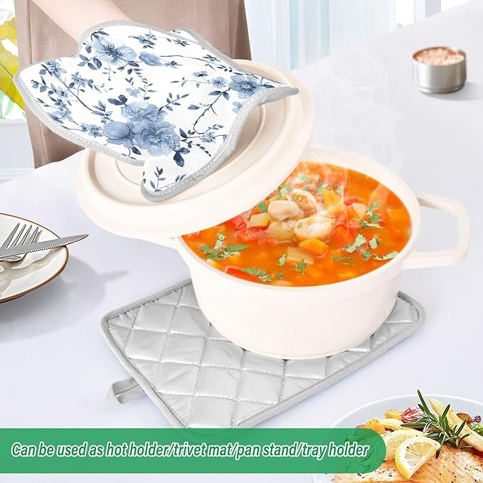 Pot Holders Set of 2 Blue Flower Hot Pads for Kitchen Heat Resistant Potholders Sets for Kitchen and Baking 7x9.8in