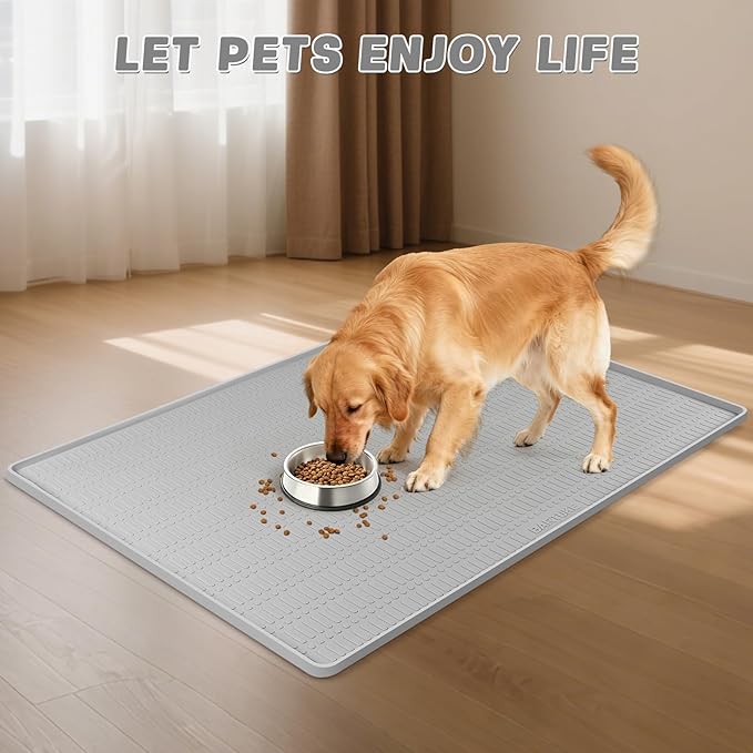 47" x 35" Silicone Dog Food Mat, Waterproof Pet Feeding Mat with Raised Edge, Extra Large Dog Bowl Mat Non-Slip Water Bowl Placemats for Dogs, Protects Floors, Easy to Clean (Light Gray)