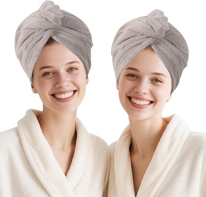 AGKXHDEC 2 Packs Single Layer Microfiber Hair Turbans - Drying Wrap for Women (Gray-2pcs)