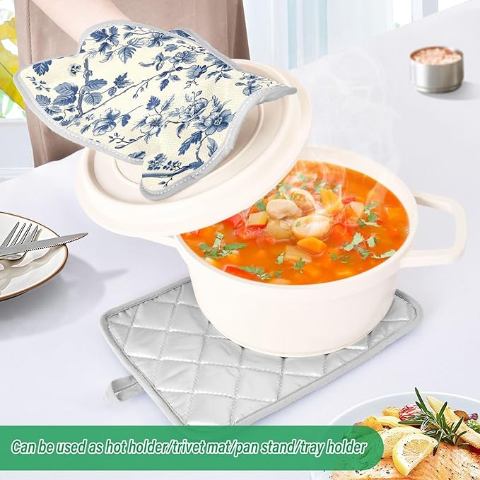 Pot Holders Set of 2 Blue White Chinoiserie Floral Hot Pads for Kitchen Heat Resistant Potholders Sets for Kitchen and Baking 7x9.8in