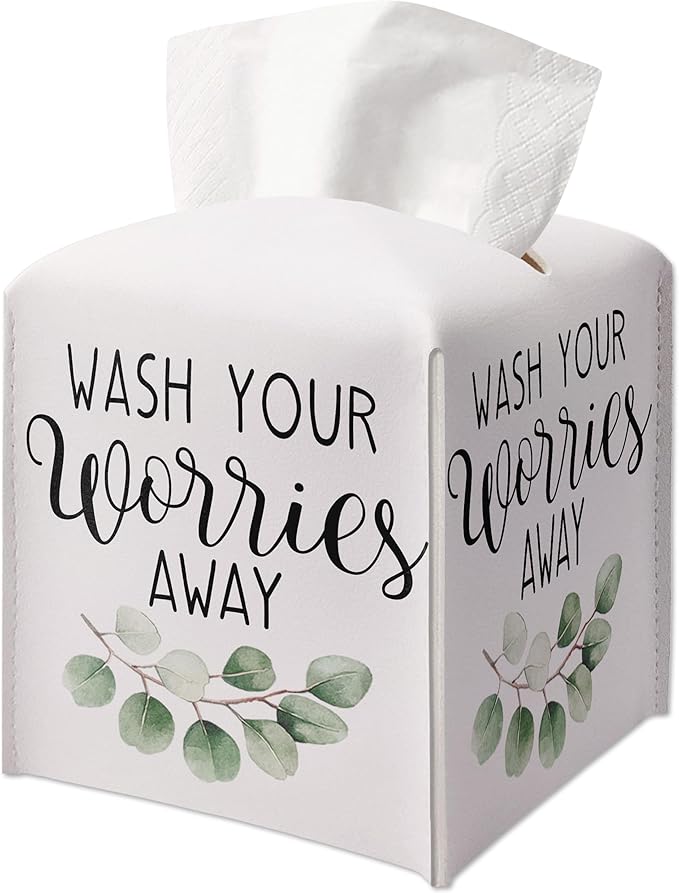 Leather Tissue Box Cover Holder Gifts, Positive Gift Ideas for Friends, Wash Your Worries Away Decorative Decor for Bathroom Office, Housewarming New Home Favor-(5.2 Inches) A72