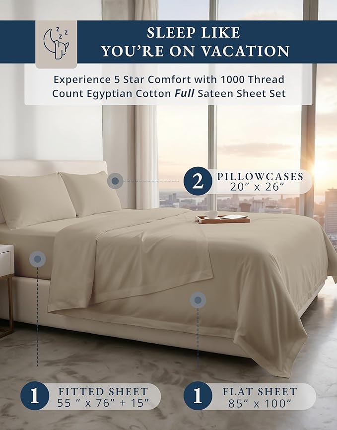 LANE LINEN 100% Egyptian Cotton Full Size Bed Sheets - 1000 Thread Count, Machine Washable Naturally Temperature regulating Sustaibable No Pill Fade Resistant Full Size Sheets Set Cotton- Taupe