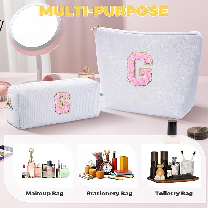 Btffitting Personalized Makeup Bag for Women Girls - Fashion Cosmetic Bag Trendy Travel Toiletry Bag with Initials Letter - Teen Gifts - White,G