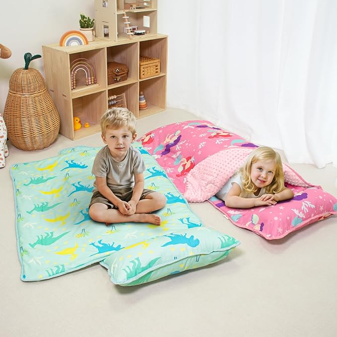 Beavtaens Toddler Nap Mat with Pillow and Minky Blanket, Large 55"x35" Sleeping Bag, Washable, Lightweight, Easy to Roll, Perfect for Preschool, Daycare, Kindergarten, Travel, Boys and Girls(Dinosaur)
