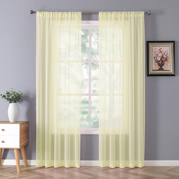 Tollpiz Sheer Curtains Bedroom Linen Textured Curtain Sheers Light Filtering Voile Rod Pocket Curtains for Living Room, 38 x 84 inches Long, Transparent Yellow, Set of 2 Panels