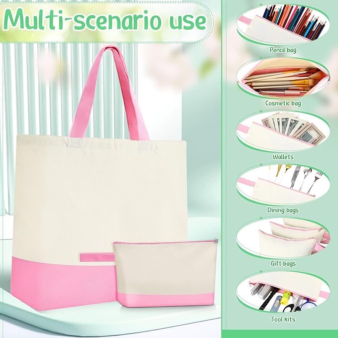 Sanwuta Canvas Tote Bags Bulk with Zipper Cosmetic Pouch 18.5" Reusable Cotton Shopping Bag with Handle for DIY Craft