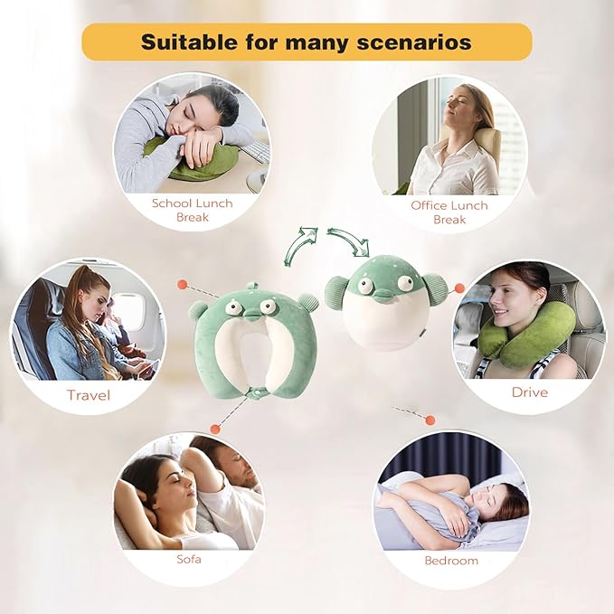 stocaggio Kids Travel Pillow - 2-in-1 Deformable Kids Neck Pillow for Traveling, Soft U-Shaped Pillow with Adorable Animal Design, Comfy Sleep and Play, Ideal for Airplanes and Traveling (Green Fish)