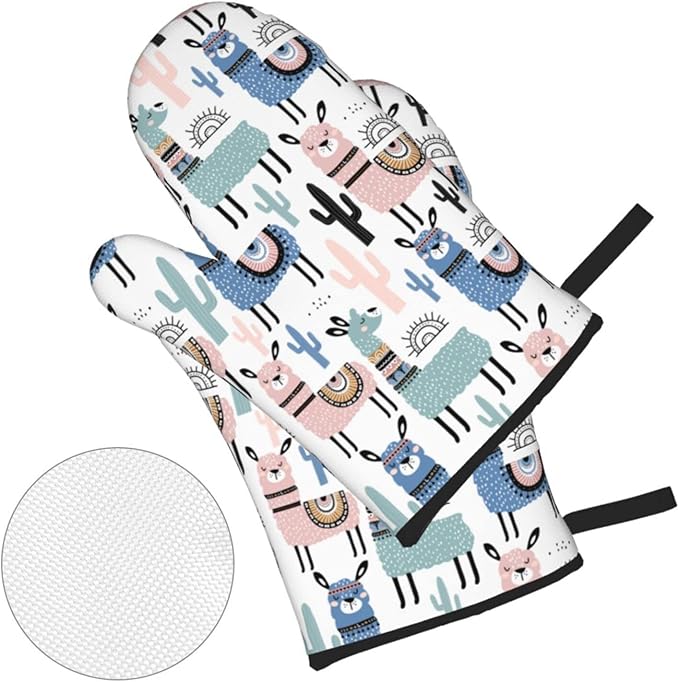 Llama Cactus Alpaca Oven Mitts and Pot Holders Set of 4, Oven Mittens and Potholders Heat Resistant Gloves for Kitchen Cooking Baking Grilling BBQ