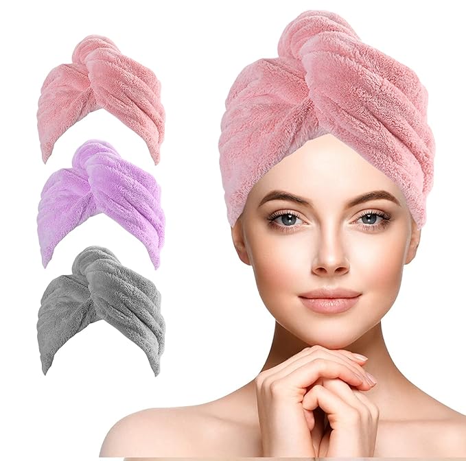 URAQT Microfiber Hair Towel Wrap for Woman, 3 Pack Hair Turbans for Wet Hair, Quick Dry Hair Turban for Drying Curly Long Thick Hair