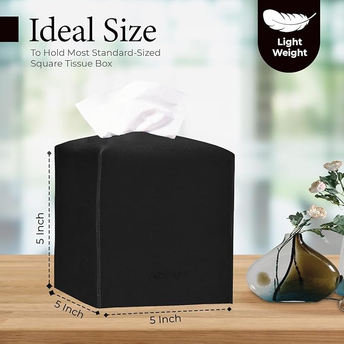 Tissue Box Cover, PU Leather Tissue Box Holder with Bottom Belt, Modern Square Tissue Box Covers with Wide Opening (Black, Woven Patterns)