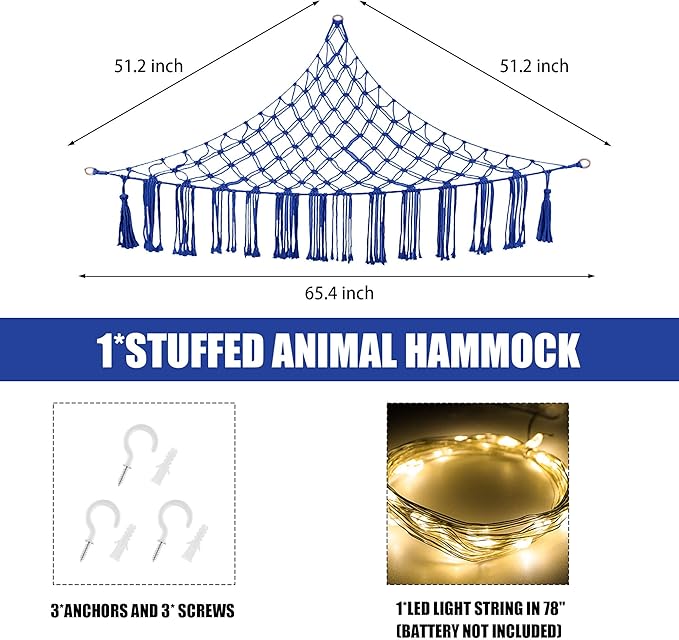 CERETIA Stuffed Animal Hammock with LED Light, Large Stuffed Animals Storage Corner Plushie Net for Kids Room Decor, Jumbo Royal Blue