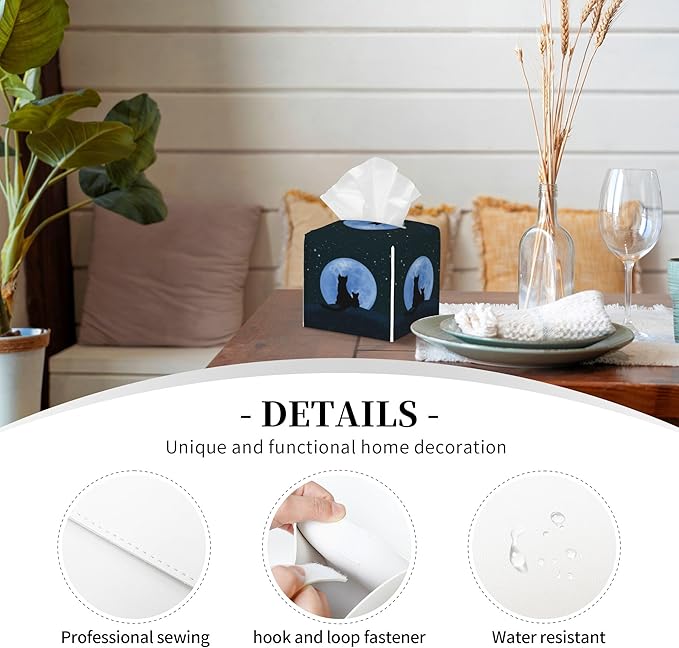 POIUBLE Leather Tissue Box Holder Cat Looking at The Moon Tissue Box Cover Square Waterproof Tissue Holder Organizer Modern Napkin Holder for Bedroom Dresser Night Stand Office Desk
