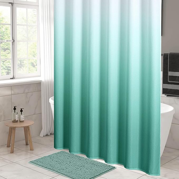 MitoVilla Teal Blue Ombre Waffle Small Stall Shower Curtain 36 x 72, Half Size Fabric Narrow Shower Curtains for Bathroom Decor, 36 inch Weighted Shower Curtain Set with Plastic Hooks