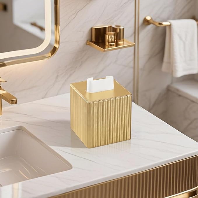 MEIBOOCH PU Leather Tissue Box Cover Square, Rectangle Tissue Box Holder with Magnetic Closure, Decorative Tissue Holder for Bathroom Bedroom Office (Gold, Square)
