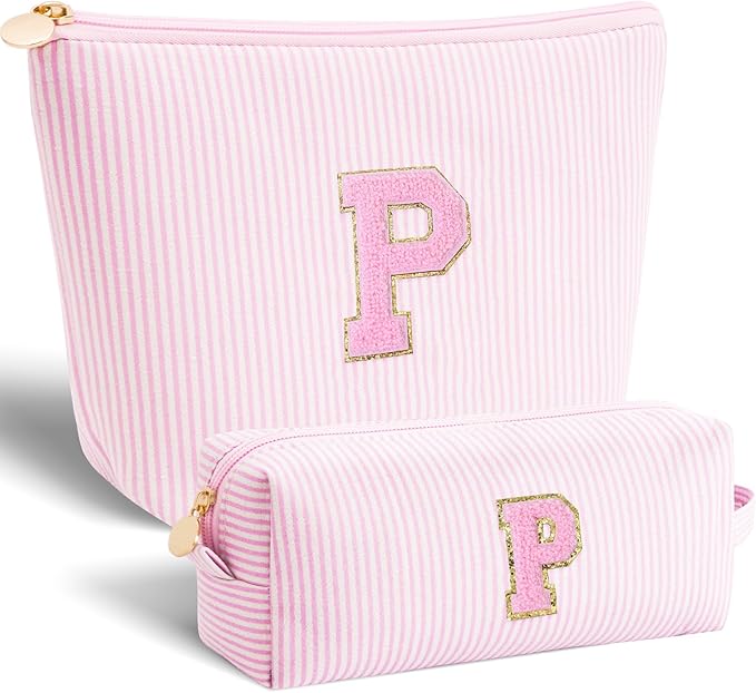 Btffitting Personalized Makeup Bag for Women Girls - Fashion Cosmetic Bag Trendy Travel Toiletry Bag with Initials Letter - Teen Gifts - Pink,P