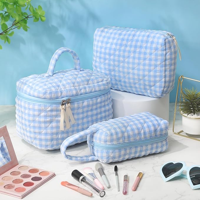 Paterr Makeup Bag Set 3 Pcs Large Quilted Cotton Make up Bags for Women Cosmetic Travel Toiletry Organizer Pouch Cute Aesthetic Storage Purse(Blue,White and Blue Plaid)