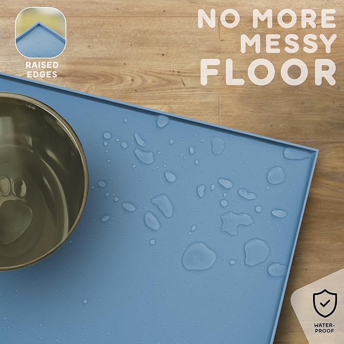 PetHappily Dog Food Mat - Raised Edges Dogs Mat for Food and Water Prevent Spill, Waterproof Cat Food Mats Protect Floors, Easy Clean Dog Bowl Mats for Food and Water, Silicone Pet Food Tray