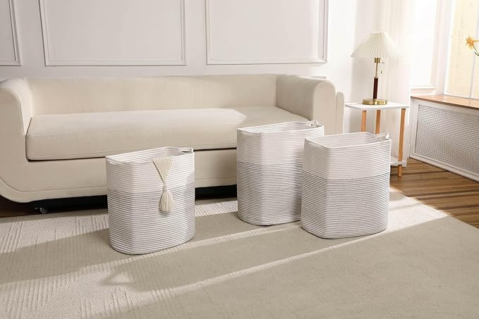 Tall Laundry Basket With Handles,Woven Cotton Rope Big Laundry Hamper Sorters,Versatile Storage for Dirty Clothes,Baby Toys,and Blankets in Bathroom, Nursery,and Living Room (White/Black Line, 68L)
