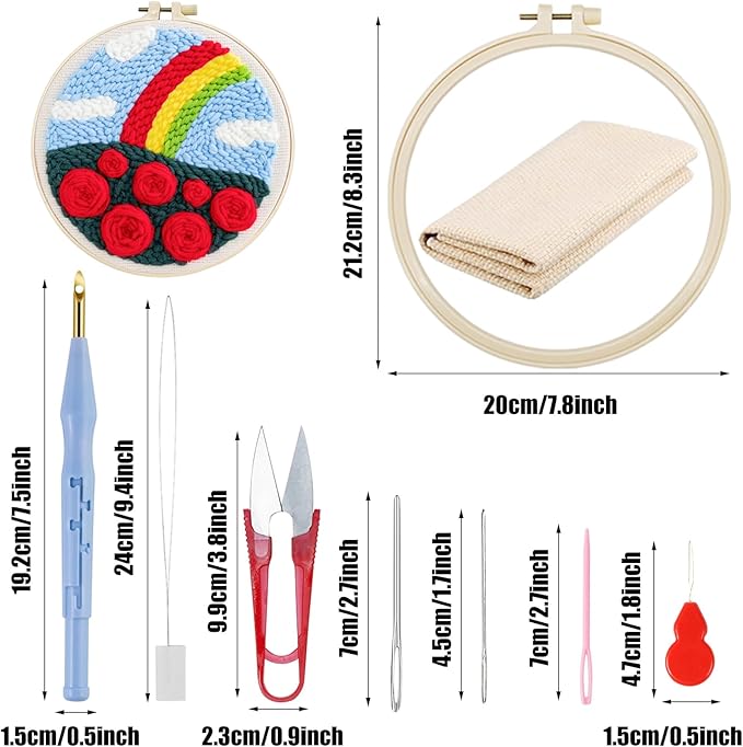 Woohome Punch Needle Kit Included Plastic Hoops, Punch Needle Cloth, Color Yarn and Punch Needle Tools for Adults, Beginners (Rainbow and Flowers)