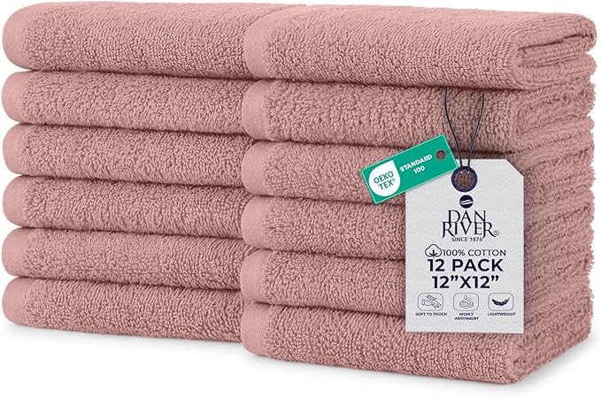 DAN RIVER 12 Pack Wash Cloths for Showering [12x12] - 100% Cotton Washcloths Premium Quality Flannel Face Cloths for Bathroom, Highly Absorbent and Soft Feel Wash Clothes, Dusty Pink