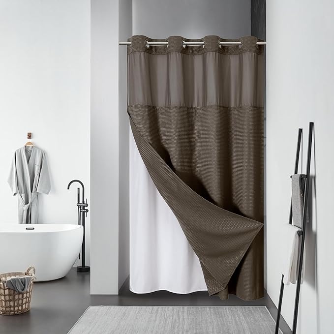 eachope Brown No Hook Waffle Weave Shower Curtain with snap-in Liner Replacement, 230GSM Waterproof Fabric Hotel Shower Curtain Set for Bathroom, Through Mesh Top Window,54Wx80H