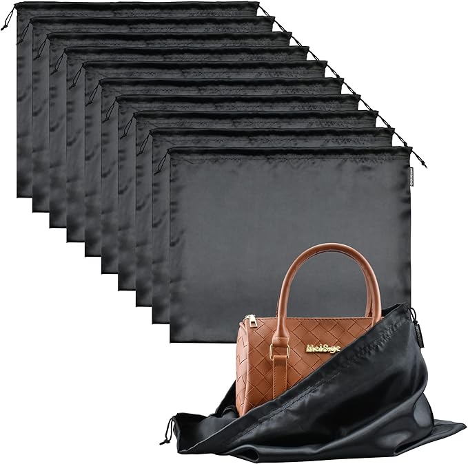 10 Pack Dust Bags for Purses and Handbags, Silk Dust Cover Storage Bag with Drawstring Travel Storage Pouch for Handbag Purse Shoes Boots (Black, 19.6 × 15.7 in)