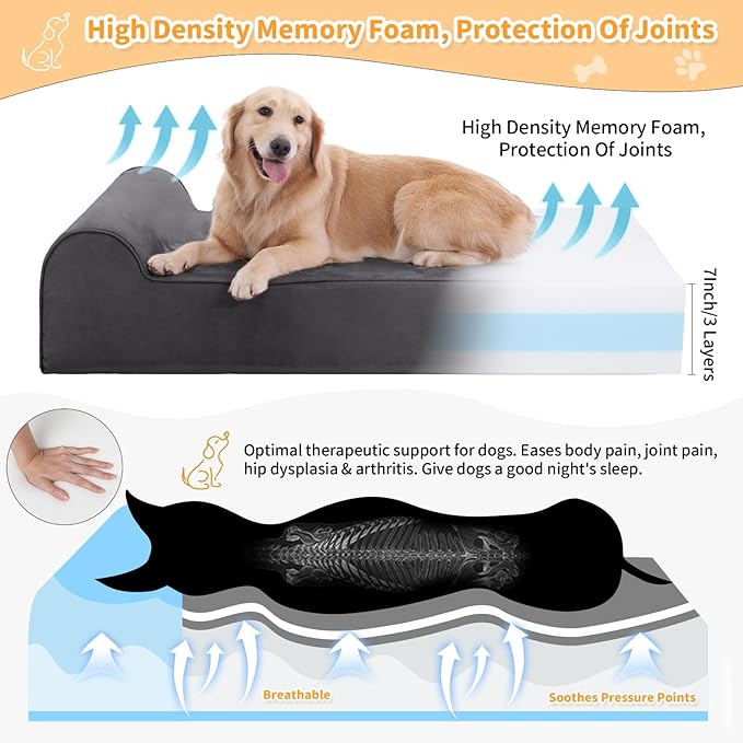 Rainmr Orthopedic Dog Beds for Large Dogs, 7" Memory Foam Dog Beds with Waterproof Liner, Durable Microsuede Cover, Removable and Washable, Nonskid Bottom, 52"x36"x7" XL Grey