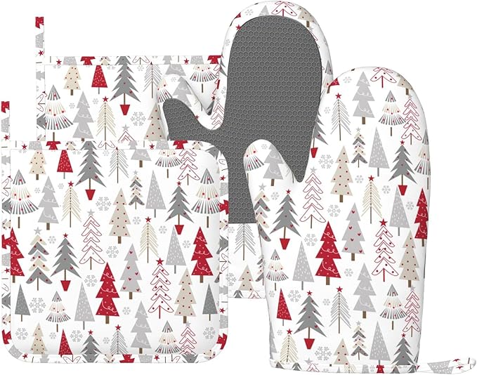 Oven Mitts Pot Holders Set Christmas Pine Tree White Winter Silicone Kitchen Gloves Potholders Heat Resistant for Chef Baking Cooking Grilling BBQ 4 Pack Mitt