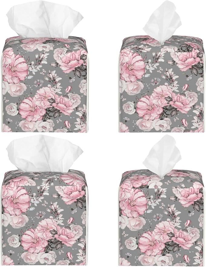 POIUBLE Tissue Box Holder Pink Flowers and Leaves Tissue Box Cover Square Leather Tissue Holder Organizer Portable Decorative Facial Paper Case for Home Office Bathroom Vanity Countertop