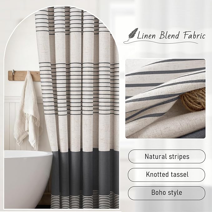 XOGUIBO Dark Grey Shower Shower Curtain Boho Linen Striped Shower Curtains for Bathroom with Tassel 72 X 72