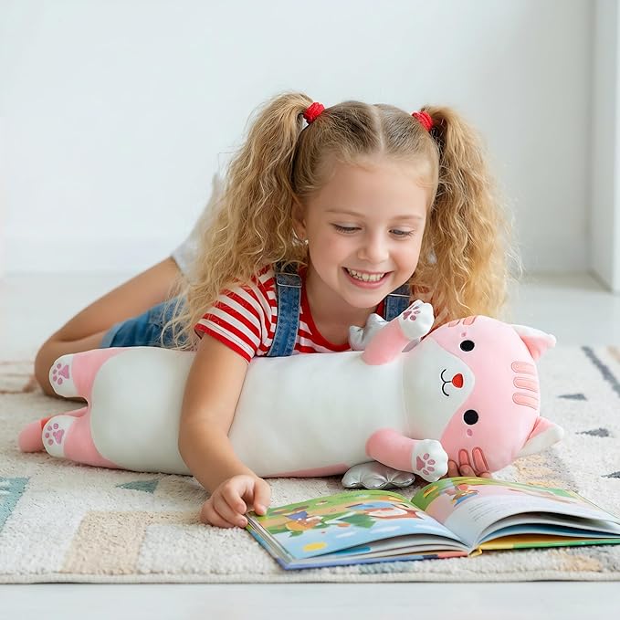 Long Cat Plush Pillow, Cute Cat Stuffed Animal Body Pillow with Wings, Soft Kawaii Kitty Hugging Pillow, Christmas Valentine's Birthday Gift for Kids Girls Boys (Pink, 60cm/23.62in)