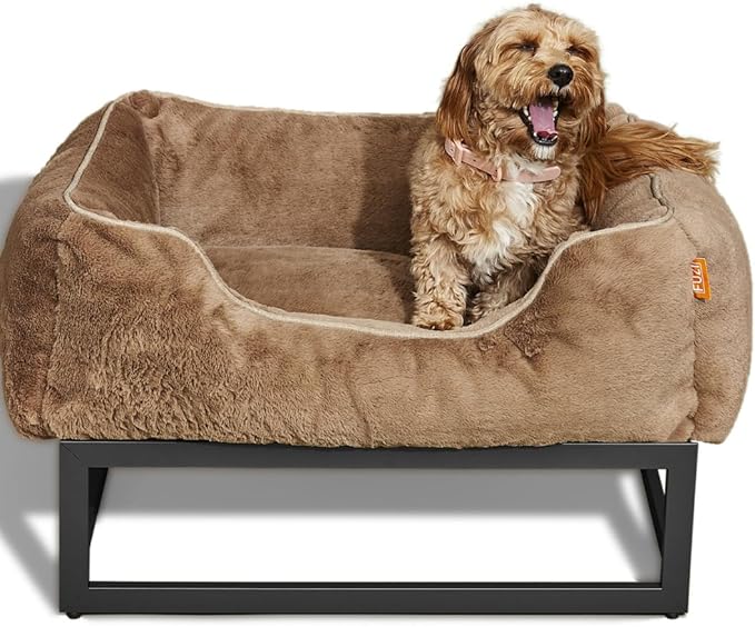 FUZI Elevated Dog Bed Small, Luxury Raised Dog Beds, Removable and Machine Washable Bed Cover, Indoor/Outdoor Orthopedic Pet Bed, Small 25.1x16.75x18 Light Brown & Black Base