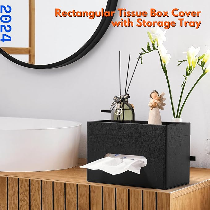 LAMOTI Rectangular Tissue Box Cover with Storage Tray, Leather Facial Tissue Box Holder for Bathroom, Office Table, Countertop, Night Stand & More (Black)