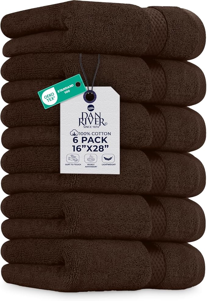 DAN RIVER 6-Pack Premium Hand Towels (16x28 Inches) - 100% Cotton, Ultra Soft, Lightweight, Highly Absorbent Towels for Bathroom, Spa, Gym, Salon, Hotel, and Travel - Brown