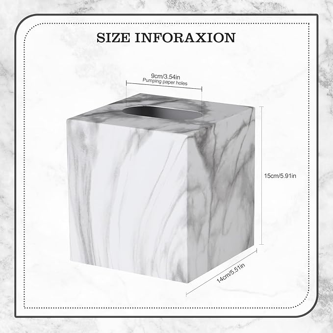 HOUSE DIARY Metal Square Tissue Box lid, Modern Facial Tissue Holder for Bathroom Vanity Tops, Bedroom Dressers, Nightstands, Desks, Offices (Marble White)