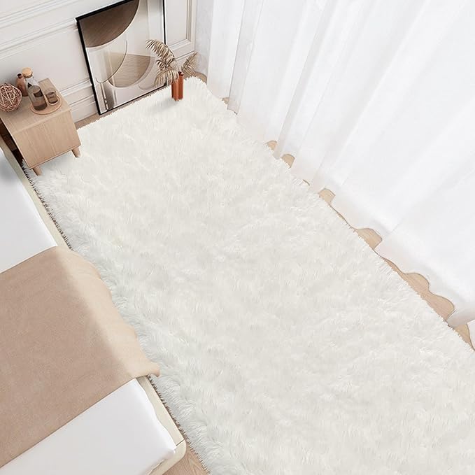 3x10 Feet White Soft Shag Runner Rug for Bedroom Fuzzy Fluffy Rugs with Non-Slip Bottom for Hallway Bedside Living Room Dorm, Furry Area Rug for Nursery Playroom Indoor Home Decor