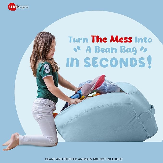 Wekapo Stuffed Animal Storage Bean Bag Chair Cover for Kids | Stuffable Zipper Beanbag for Organizing Children Plush Toys Large Premium Cotton Canvas (Solid Lightblue, X-Large)