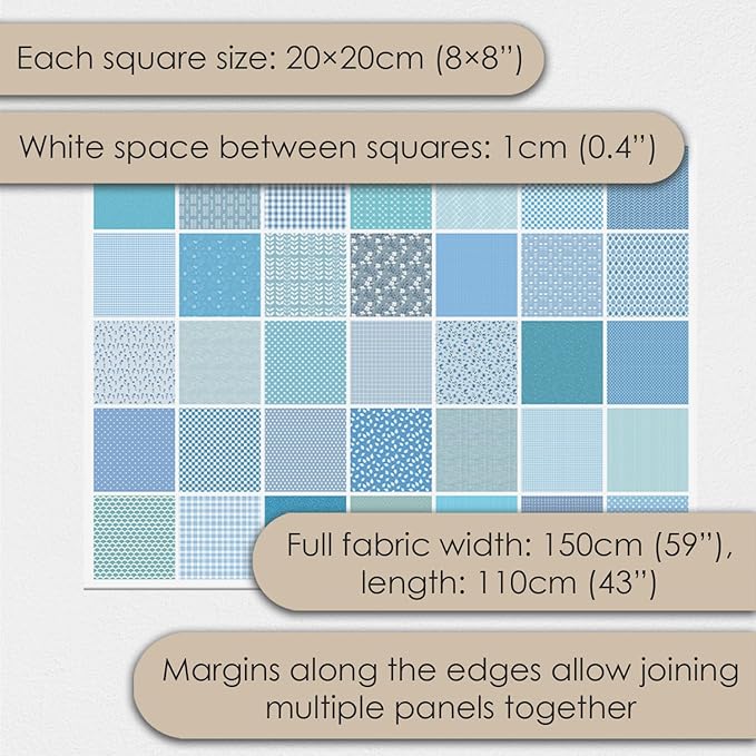 Cotton Satin Patchwork Fabric Panel – 35 Designs, 20×20 cm Squares, Single Piece 150×110 cm, Blue Patchwork Quilt Fabric(Ocean Breeze Patchwork Set, 35pcs 8x8 inch)