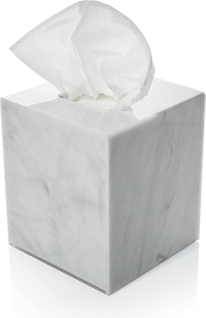 Acrylic Tissue Box Holder, Square Dispenser for Facial Tissues, Napkins, and Dryer Sheets. Perfect for Bathrooms, Desks, Countertops, Vanities, Bedrooms, and Nightstands (Square, Marble)
