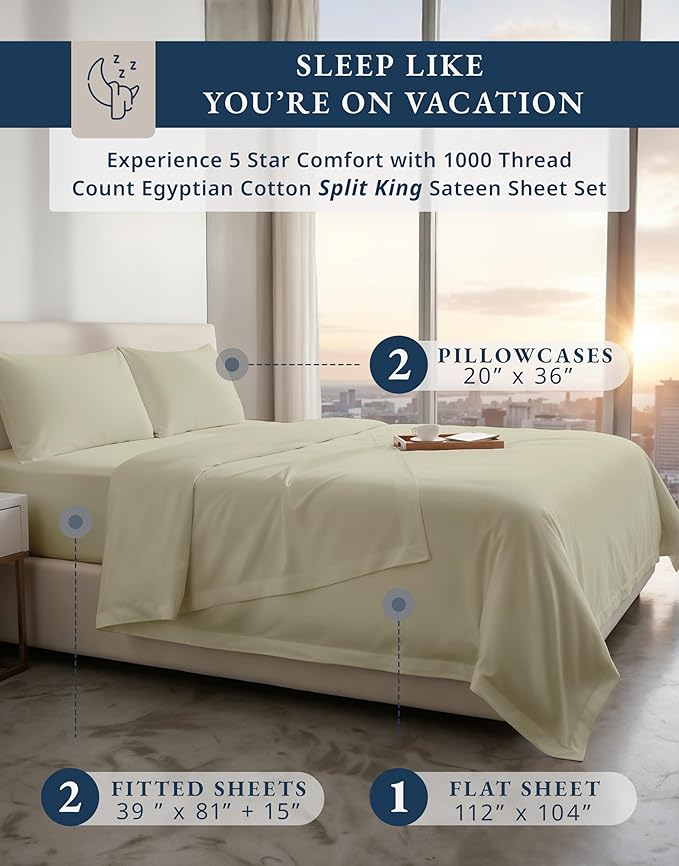 LANE LINEN 100% Egyptian Cotton Split King Sheets for Adjustable Beds - 1000 Thread Count, 15' Extra Deep Pocket Split King Sheets, Naturally Temperature Regulating Cooling Fade Resistant -Linen