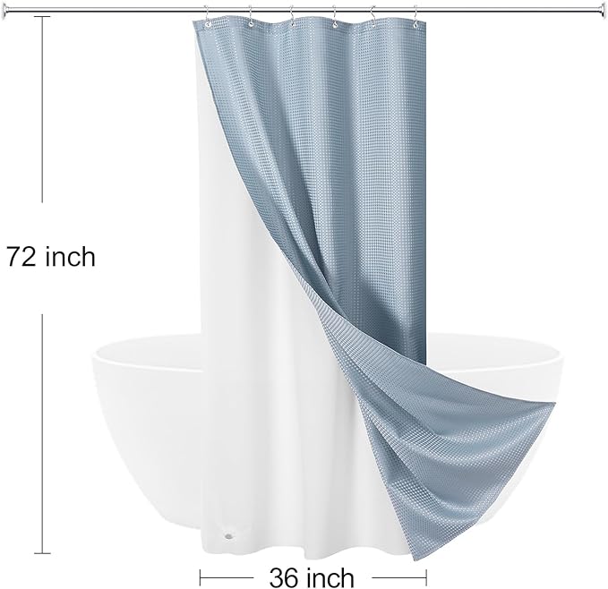 Craidlela 3 in 1 Stall Half Size Blue Shower Curtain Set-36 W x 72 H, Fog Blue Waffle Waterproof Fabric and PEVA Liner Set with Stainless Steel Hooks