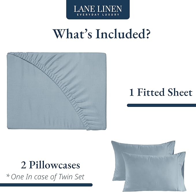 LANE LINEN 100% Organic Cotton Fitted Sheet Queen Size - 3 Pc Set (1 Fitted Sheet, 2 Pillowcases), Soft Percale Weave, Soft, Breathable, Fits Mattress Upto 15" Deep - French Blue (No Flat Sheet)