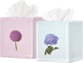 EmbroideryLinen.VN Tissue Box Cover Set of 2, Square Linen Tissue Holder, Printed Floral Design, 4.5x4.5x5.5 Inches, Decorative Holder for Bathroom, Living Room, Office (Hydrangea & Dandelion)