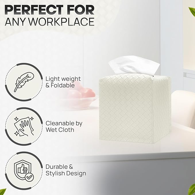 Tissue Box Cover Holder, PU Leather Tissue Box Cover with Braided Pattern, Square Tissue Holder with Bottom Belt, Modern Organizer for Bathroom, Car, Office, Tabletop (White., 12 Braided Patterns)
