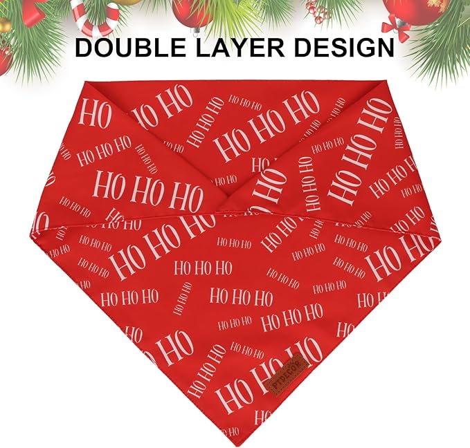 PTDECOR Christmas Dog Bandana, HOHO Santa Design Reversible Holiday Pet Scarf, Premium Durable Fabric, Red Green Triangle Christmas Bandanas for Small Dogs Pets (Small)